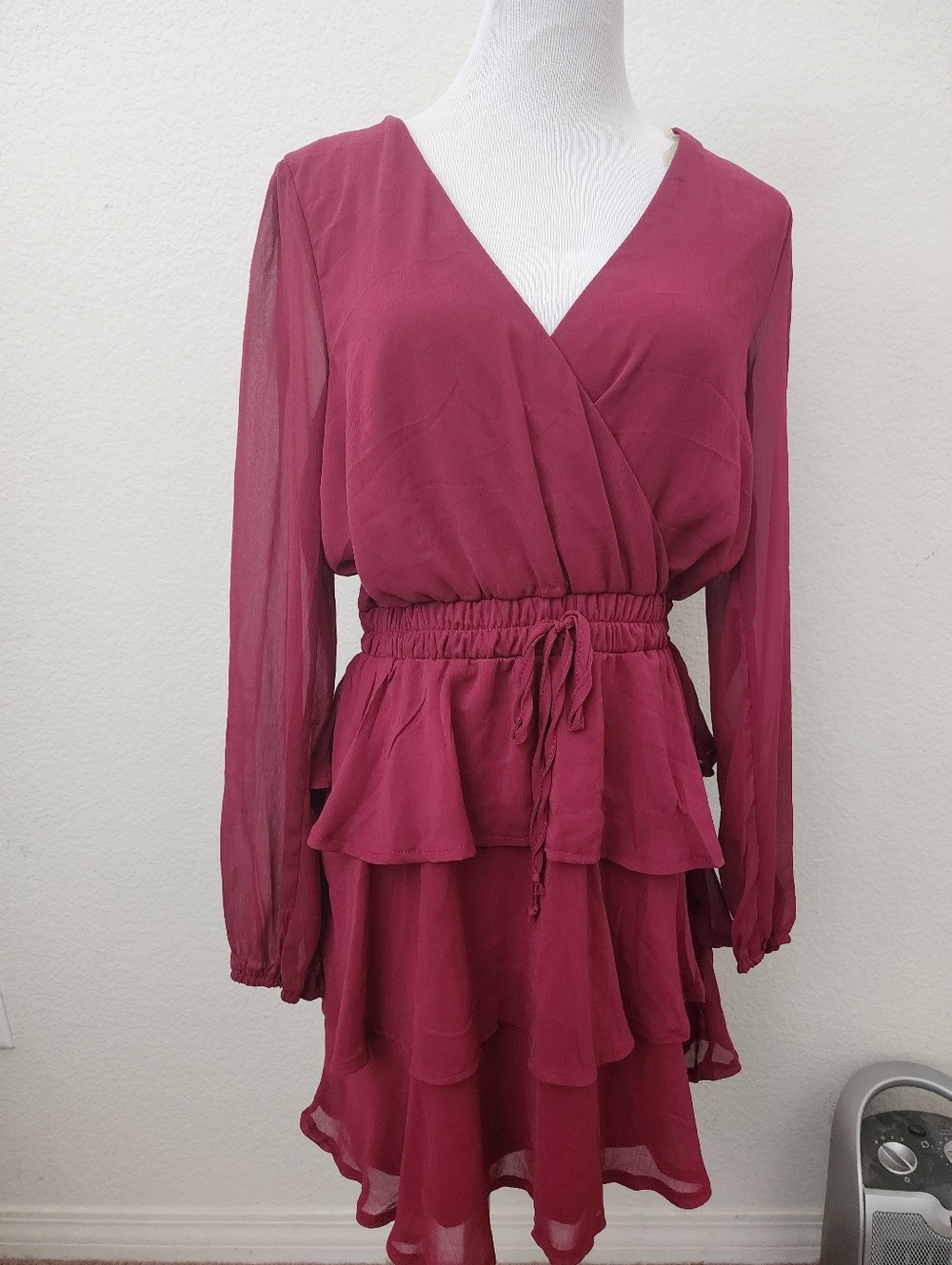 Trixxi Berry V-Neck Tiered Chiffon Dress with Drawstring Waist